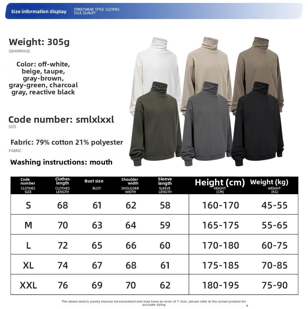 Custom LOGO Men's 305G Spring  Autumn New Cotton Polyester Turtleneck Casual Warm  High Elastic Couple Long Sleeve T-Shirt