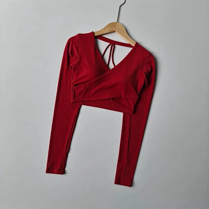 Yoga Top with Chest Pads Cross V-Neck Long Sleeves Women's Slim-Fit Running Training Cropped Navel-Baring Pilates Top  Fitness