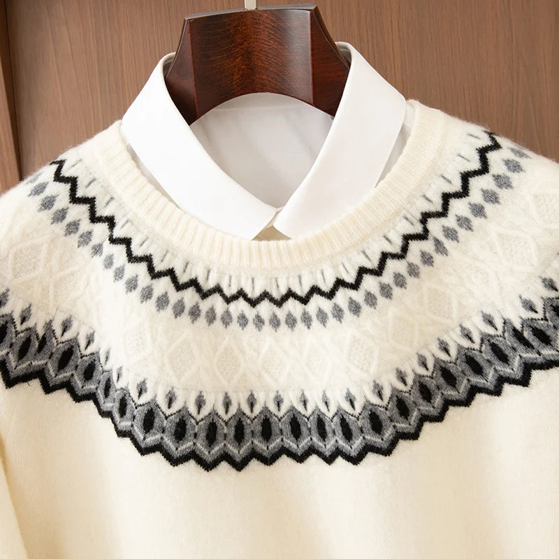 Autumn Winter 100%Wool Knit Pullover Men's O-Neck Color Block Sweater Jumper Fashion Thicken Loose Tops Clothing Warm Base Shirt