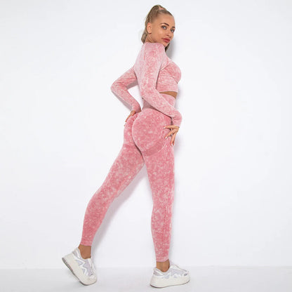 Women Seamless Tracksuit Yoga Set 2PCS Workout Clothes Athletic Wear Gym Legging Fitness Bra Crop Top Long Sleeve Sports Suits