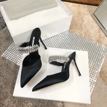 Women's 2022 Pump Summer New Rhinestone Chain Slippers High Heels Stiletto Pointed Shallow Mouth Silk Sandals Outer Wear