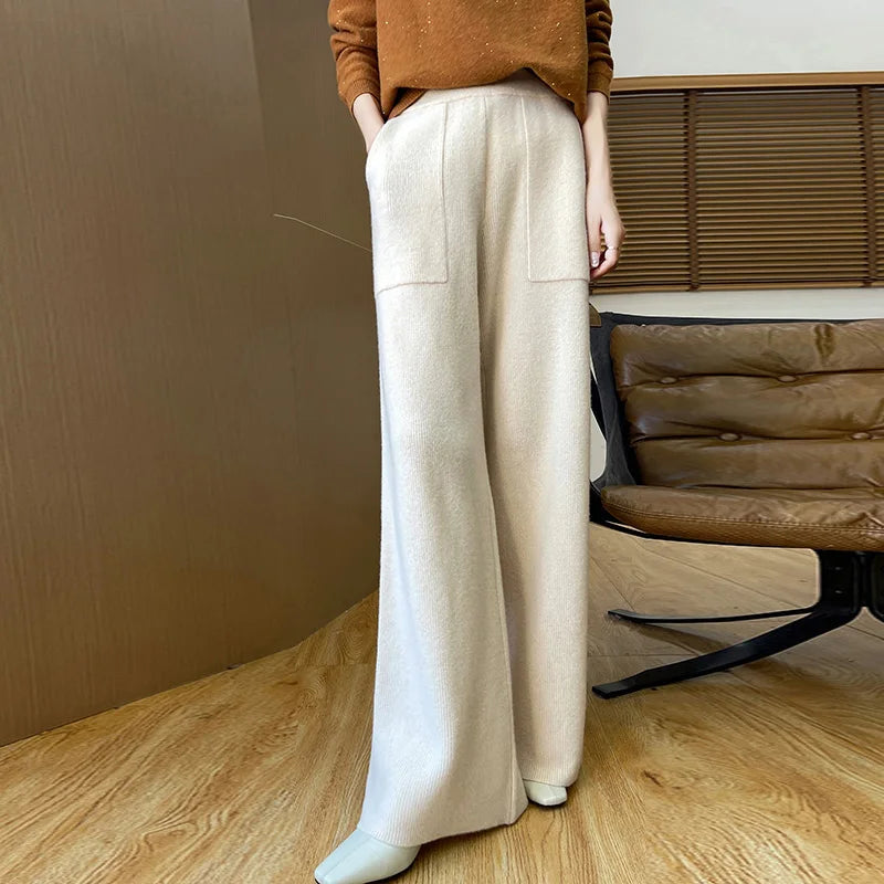 DjzDsm Women's Autumn Spring Knitted Floor-Length Wide Leg Pants 100% Merino Wool Long Trousers