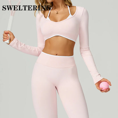 Women Sexy Solid Crop Tops Gym Workout Shirts Yoga Sports Long Sleeve Female Fitness T-Shirt Exposed Navel Quick Dry Sports Tops
