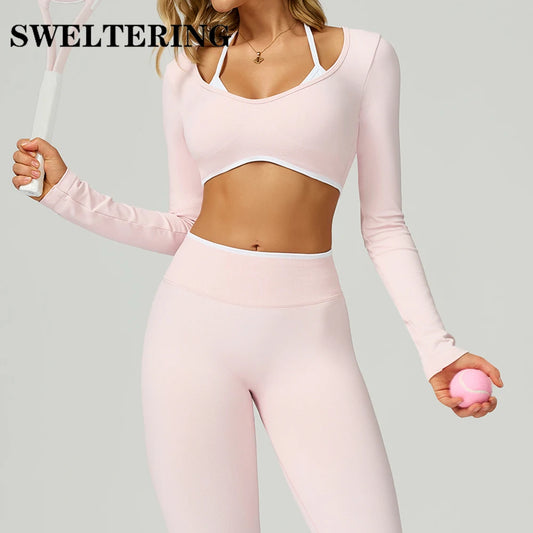 Women Sexy Solid Crop Tops Gym Workout Shirts Yoga Sports Long Sleeve Female Fitness T-Shirt Exposed Navel Quick Dry Sports Tops