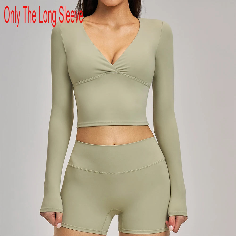 Deep-V Yoga Long Sleeve Solid Sports T-shirts Women's Gym Workout Shirts Sexy Quick Dry Fitness Long Sleeve Female Yoga Shirts