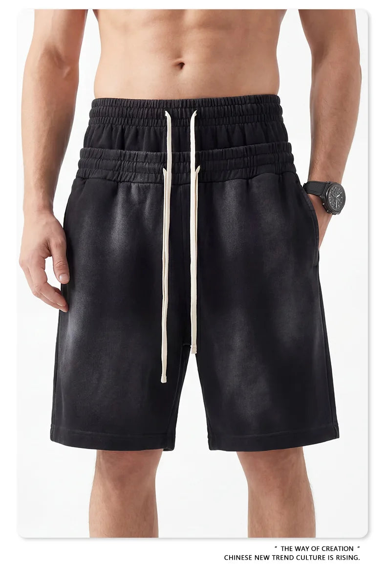 Custom LOGO men's 320G heavy 100% washed and old double waist high waist medium pants loose casual sports five-point shorts