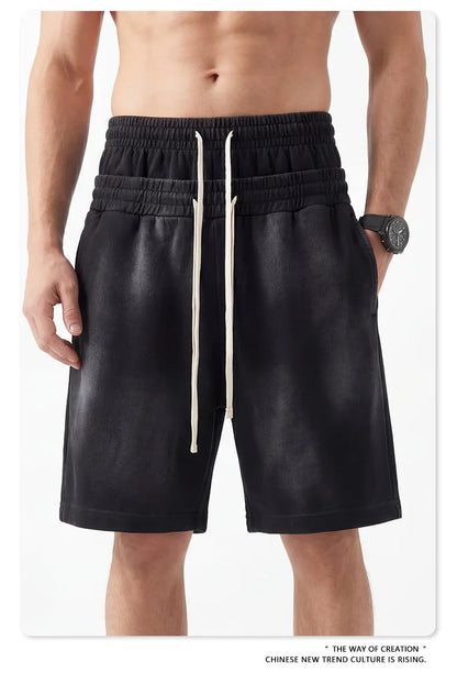Custom LOGO men's 320G heavy 100% washed and old double waist high waist medium pants loose casual sports five-point shorts