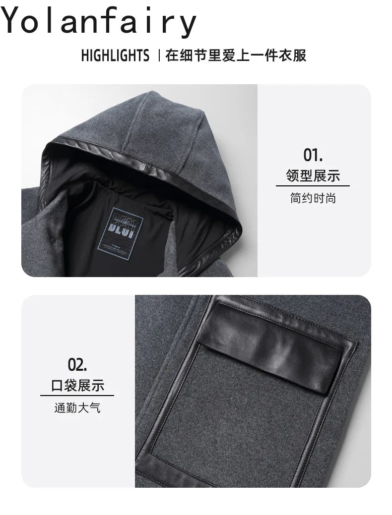 YOLANFAIRY Luxury Woolen Jackets for Man Autumn Winter Mid-length Pure Wool Patchwork Sheepskin Trench Coat Hooded Mens Jacket