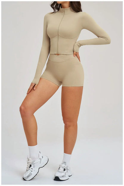 2PCS Yoga Suit Women's Tracksuit Gym Clothing Sportswear Female Workout Long Sleeve Sports Suit High Waist Cycling Shorts Set