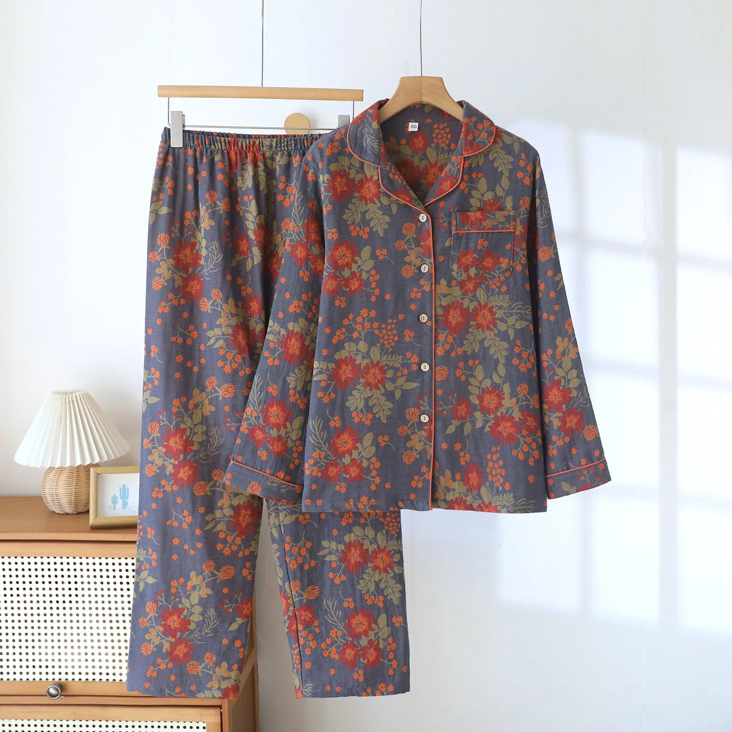 2026 new spring and summer women's pajamas suit long-sleeved trousers two-piece 100% cotton crepe flower leaves home clothes