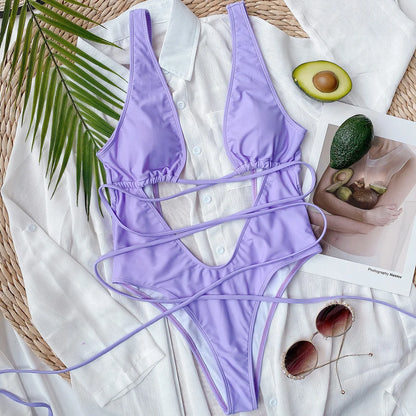 Sexy Bandage Wrap Around Tummy Cut Out Deep V Monokini One Piece Swimsuit Women Swimwear Female Bather Bathing Suit Swim V1037