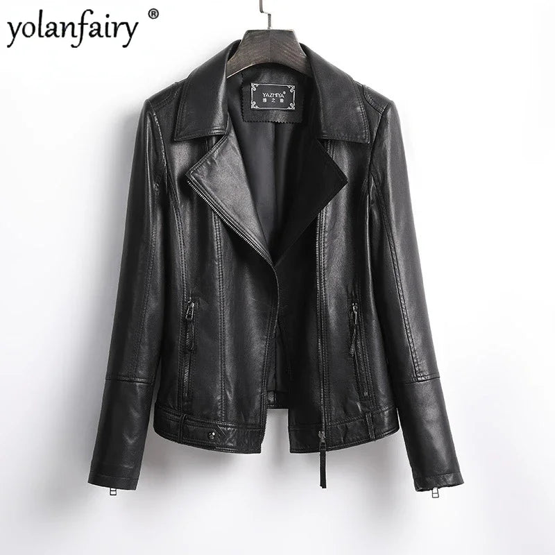 Women's Jacket Spring 2022 100% Sheepskin Jacket Woman Genuine Leather Women's Coat Black Motorcycle Jackets Chaquetas Xhl368