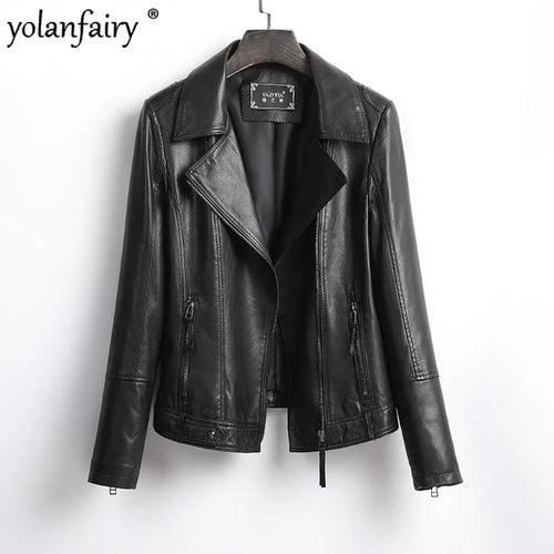 Women's Jacket Spring 2022 100% Sheepskin Jacket Woman Genuine Leather Women's Coat Black Motorcycle Jackets Chaquetas Xhl368