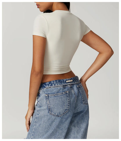 Women Solid Yoga Short Sleeve Breathable Sport T-Shirt Elastic Fitness Yoga Top Gym Shirts Female Casual Running Workout Clothes