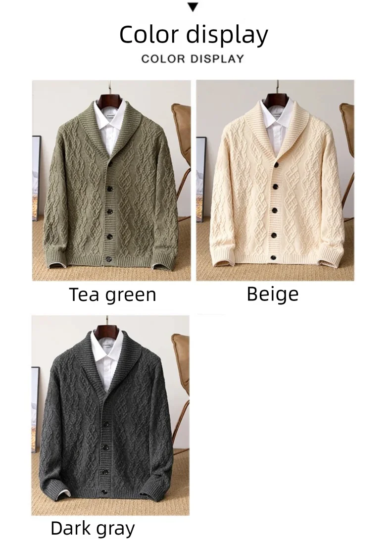 2025 Autumn Winter New Five Needle Thick 100% Merino Wool Sweater Men's Lapel Knit Cardigan Business Casual Warm Shirt Menswear
