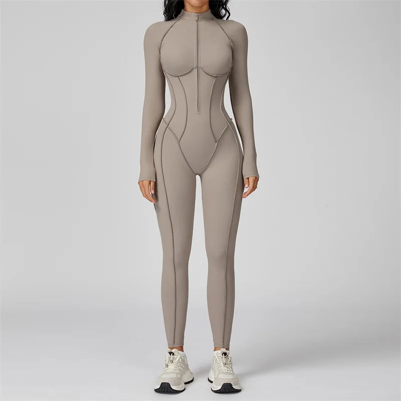 TRY TO BN Gym Jumpsuit Half Zipper Sports Stripe Fitness Bodysuit One-Piece Workout Activewear Tights Woman Suits Yoga Clothing