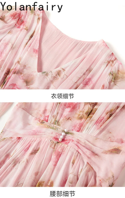 YOLANFAIRY 100% Real Silk Floral Dresses Woman Summer Clothes Elegant Mulberry Silk Pink Dress Romantic Women's Birthday Dress
