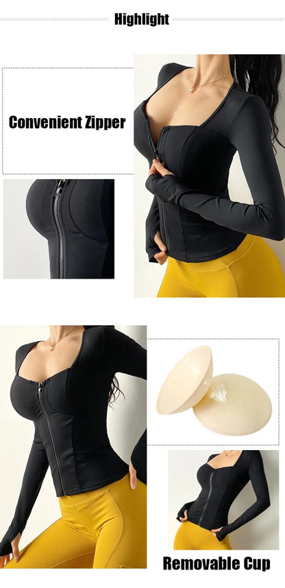 Cloud Hide SEXY Zipper Sports Jacket for Women Long Sleeve Black Yoga Shirt Gym Fitness Coat Running Autumn Winter Workout Top