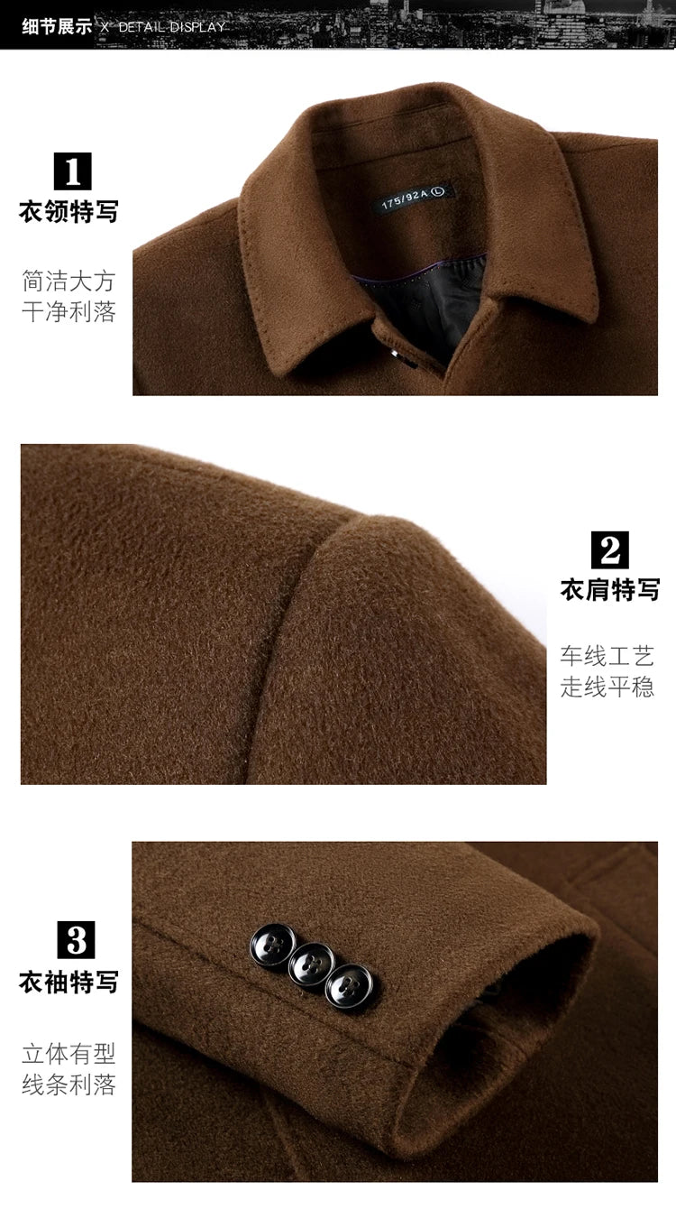 100% Cashmere Jacket Men Casual Business Men's Winter Coats Polo Collar Single Breasted Windbreaker Coat Casaco Masculino