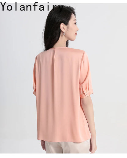 YOLANFAIRY 100% Natural Mulberry Silk T Shirts Woman Clothing 2026 Summer Loose Fashion T Shirt Elegant Womens Tops Short Sleeve