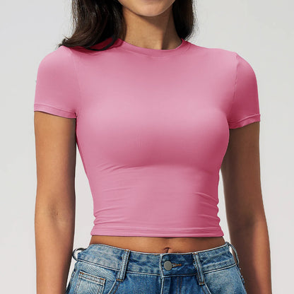 Women Solid Yoga Short Sleeve Breathable Sport T-Shirt Elastic Fitness Yoga Top Gym Shirts Female Casual Running Workout Clothes