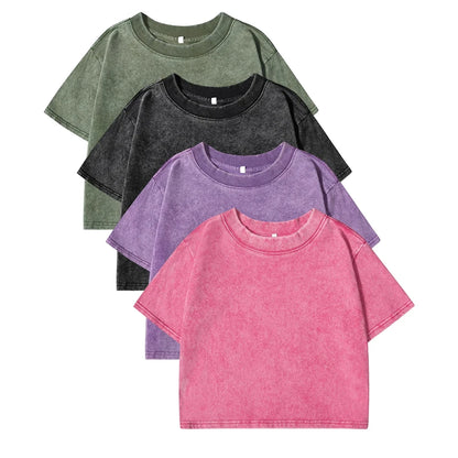 Solid Slim Washed T-Shirt Female Fashion Soft Cotton Streetwear Casual Sport Short Sleeve Cool Retro Crop Clothing For Women