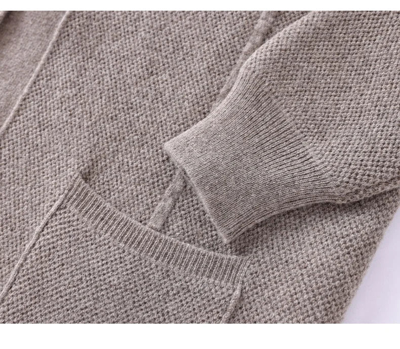 100% Merino Wool Men's Lapel Collar Knit Cardigan Autumn Winter Thicken Solid Color POLO Neck Suit Shirt Cashmere Jacket Sweater