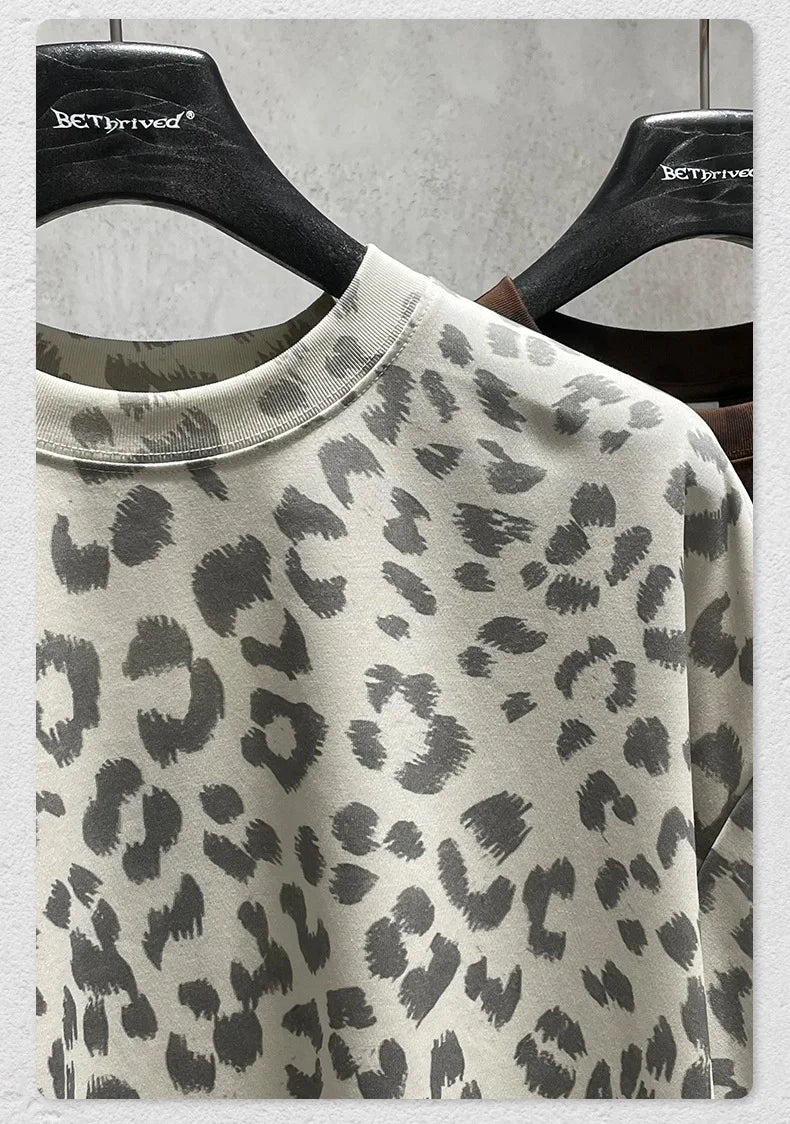 Custom LOGO men's new summer 240G cotton polyester American retro BOXY leopard print short-sleeved T-shirt casual loose top