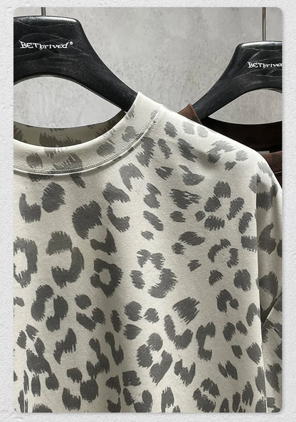 Custom LOGO men's new summer 240G cotton polyester American retro BOXY leopard print short-sleeved T-shirt casual loose top