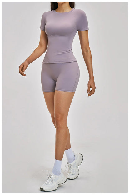 Custom LOGO women's spring and summer short-sleeved sports yoga fitness clothes shorts casual sports two-piece set