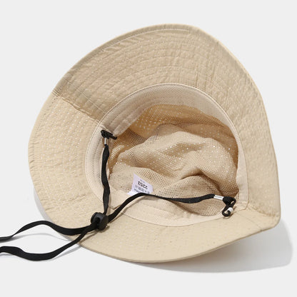 Summer Sun Hat Men Women Quick-Drying Mesh Panama Outdoor Flat Top Bucket Hat Mesh Breathable Fisherman Capwith Windproof Rope