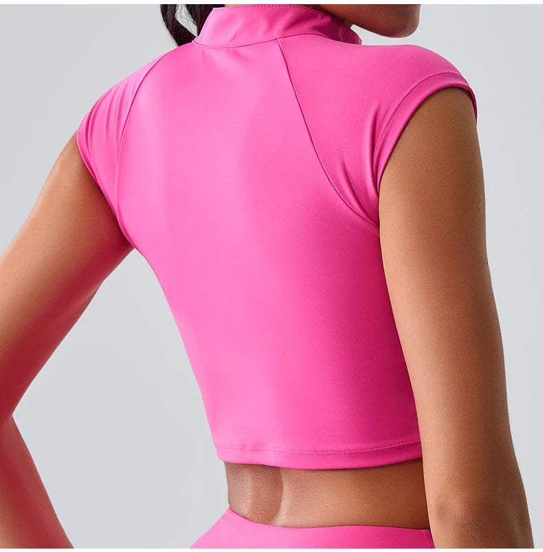 Zipper Sports Crop Top Women Short Sleeve Yoga Top Shirts Light Weight Gym Push Up Top Sports Shirt Running Workout Crop Tops