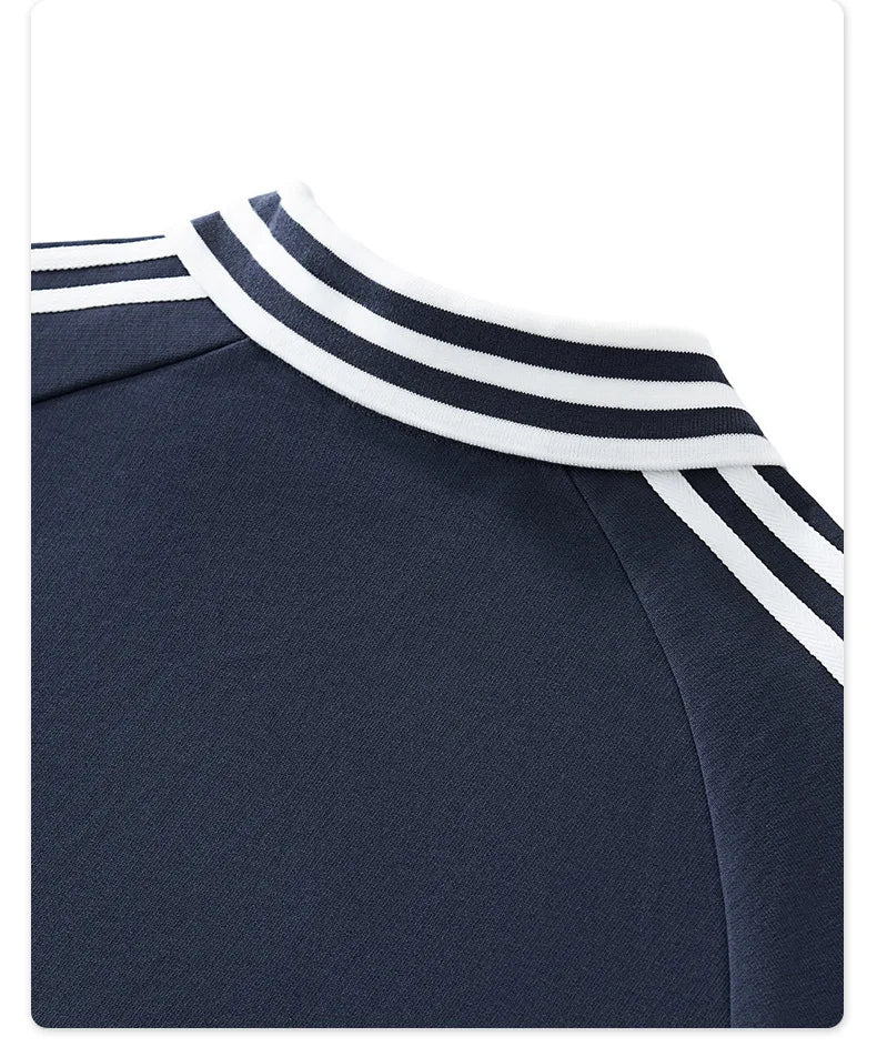 Custom LOGO men's American striped 100% cotton sweater 380G college style contrasting color lapel couple commuter sweater