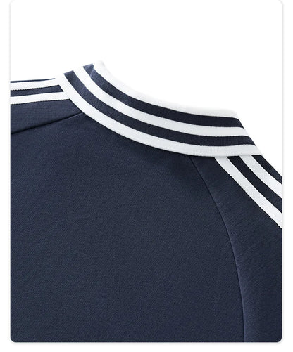 Custom LOGO men's American striped 100% cotton sweater 380G college style contrasting color lapel couple commuter sweater