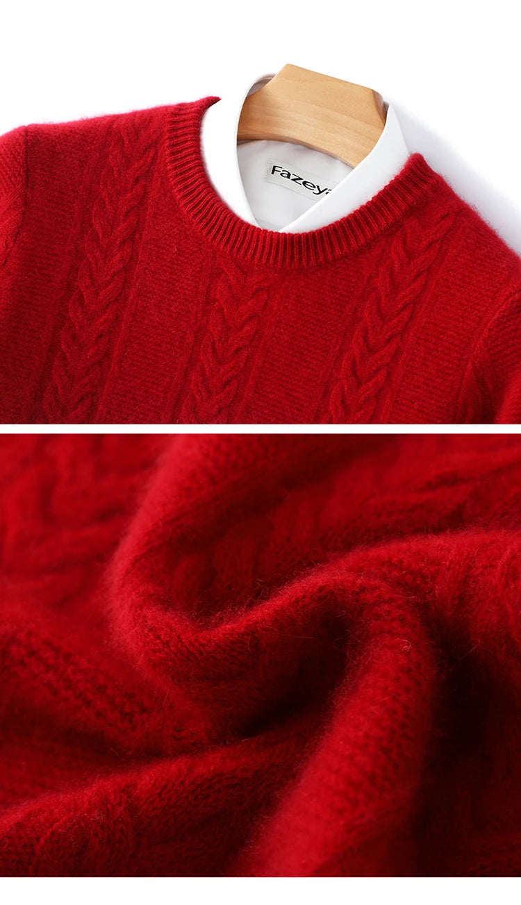 100% Merino Wool Sweater Men's Round Neck Thickened Tops Autumn Winter New Soft Warm Casual Solid Color Knitted Pullover
