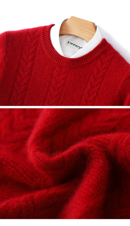 100% Merino Wool Sweater Men's Round Neck Thickened Tops Autumn Winter New Soft Warm Casual Solid Color Knitted Pullover