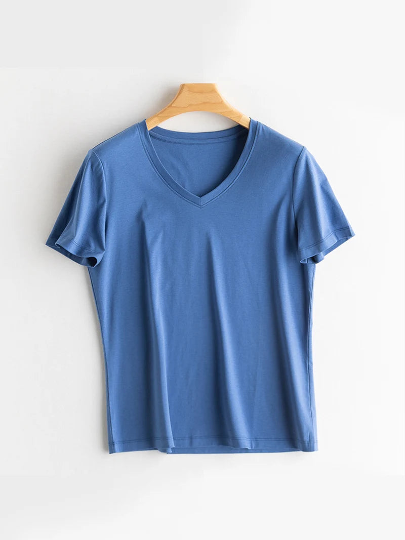 SuyaDream Women Solid T shirts, Silk Cotton Blend, O Neck, Short Sleeved Solid Tee,2025 Summer Candy Colors Basic Cozy Top Green