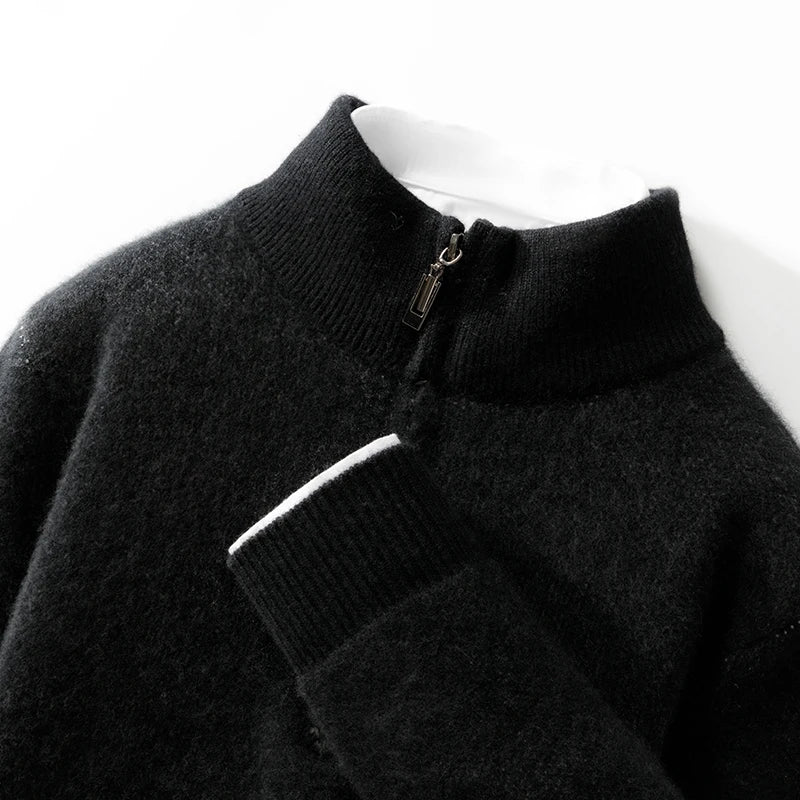 100% Merino Wool Half Zipper Mock Neck Knit Sweater Long Sleeves Loose Color-Blocked Pullover Cashmere Soft Warm Clothing Top