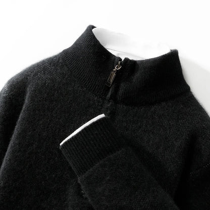 100% Merino Wool Half Zipper Mock Neck Knit Sweater Long Sleeves Loose Color-Blocked Pullover Cashmere Soft Warm Clothing Top