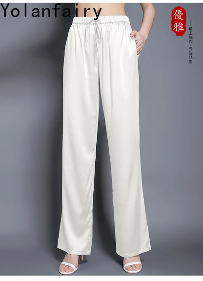 YOLANFAIRY Casual Wide Leg Pants Summer 95% Real Mulberry Silk Women's Pants Korean Loose Trousers Woman Silk Pants Full Length