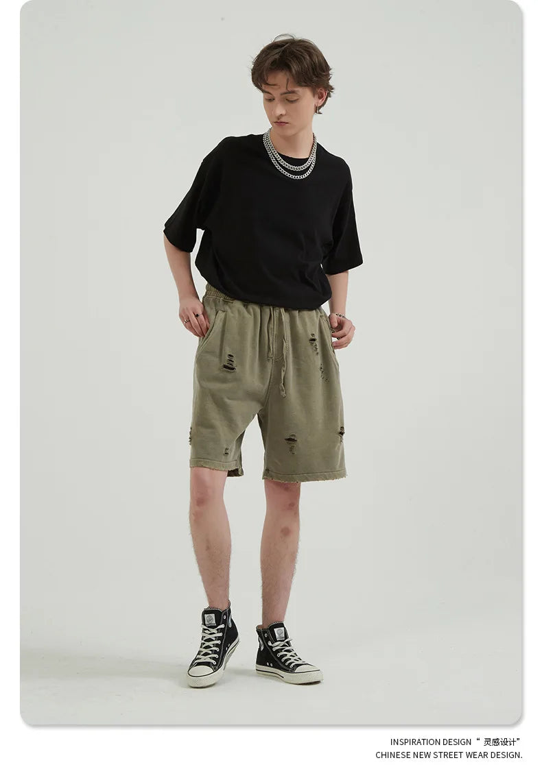 Customized LOGO Men's Heavy 100% Cotton High Street Wind Wash Old Loose Cut Couple Retro Shorts