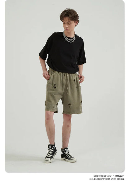 Customized LOGO Men's Heavy 100% Cotton High Street Wind Wash Old Loose Cut Couple Retro Shorts