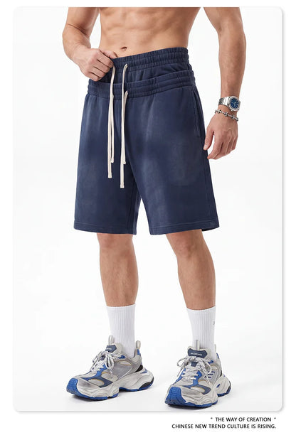 Custom LOGO men's 320G heavy 100% washed and old double waist high waist medium pants loose casual sports five-point shorts