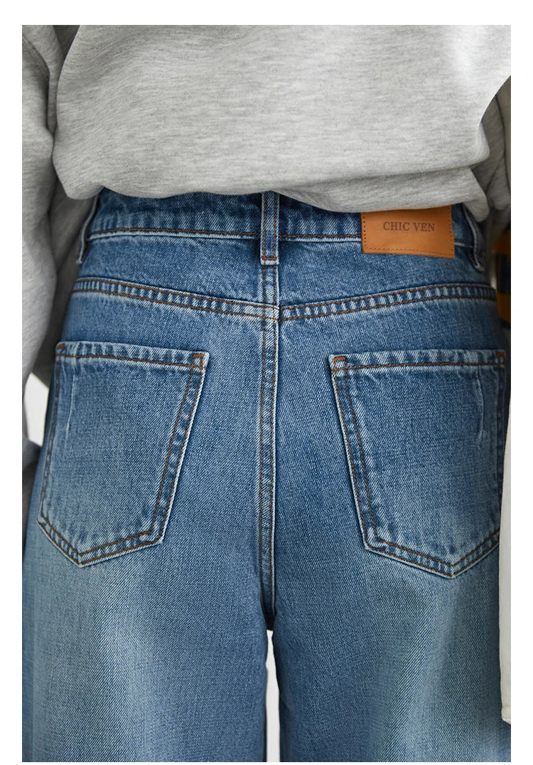 CHIC VEN Women Jeans Blue Loose Casual Solid New Retro Cotton Wide Leg Denim Pants Female Trousers Spring Autumn 2025