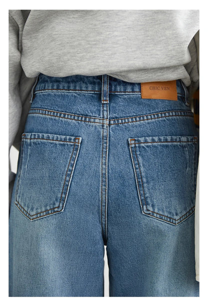 CHIC VEN Women Jeans Blue Loose Casual Solid New Retro Cotton Wide Leg Denim Pants Female Trousers Spring Autumn 2025