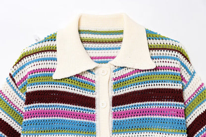 Women Patchwork Striped Hollow Out Crochet Knitted Crop Sweater Shorts Set Short Sleeve Polo Collar Sweater Knit Shorts Suit Y2K