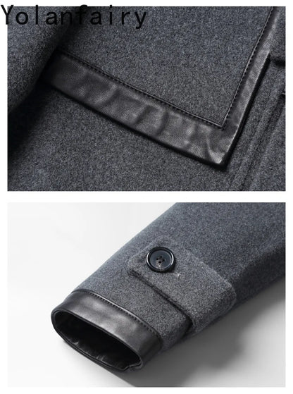 YOLANFAIRY Luxury Woolen Jackets for Man Autumn Winter Mid-length Pure Wool Patchwork Sheepskin Trench Coat Hooded Mens Jacket