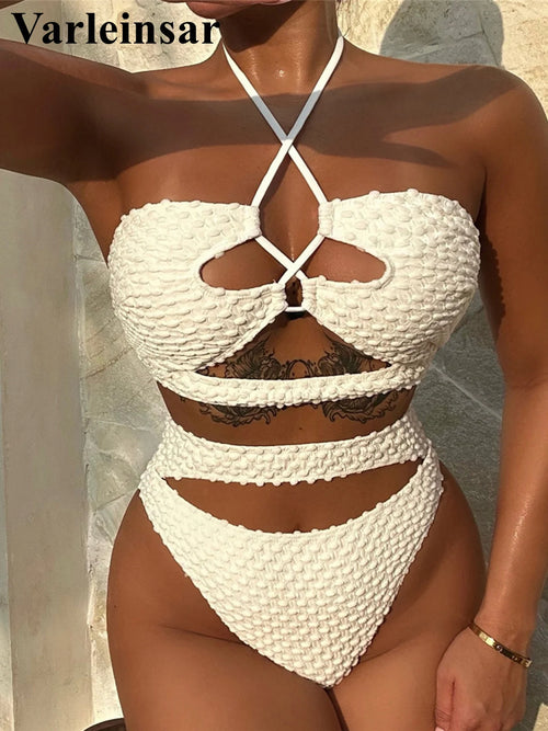 Halter Cut Out Wrinkled Female Swimsuit High Waist Bikini Women Swimwear Two-pieces Bikini set Bather Bathing Suit Swim V4978
