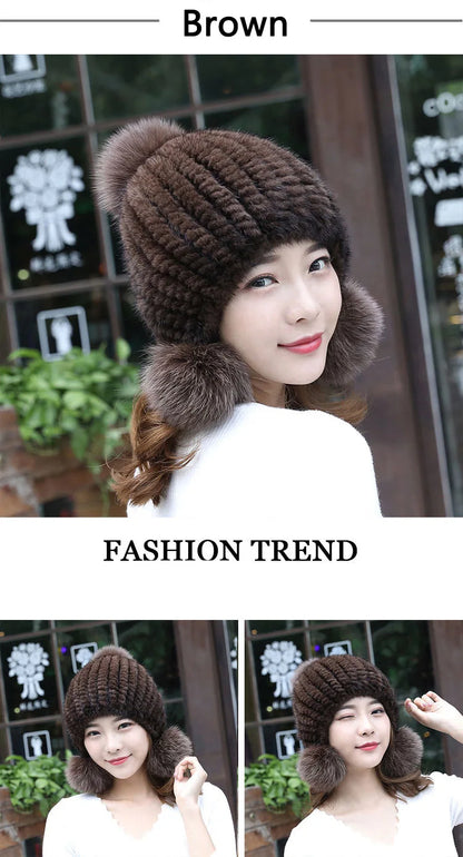 Fashion Women Real mink hat Winter warm mink fur knit hats Women fox fur ball cap