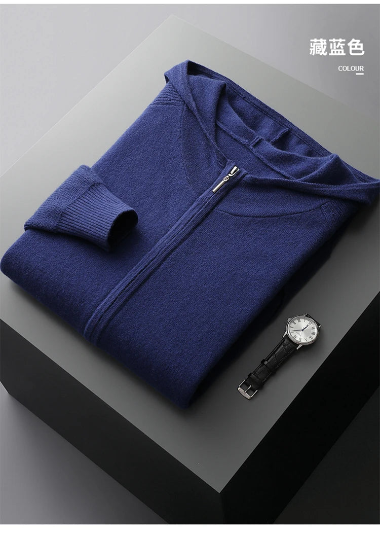 Autumn/Winter Men Sweater Suit Hooded Zipper Pullover Pants Thick Warm Casual Clothing 100% Cashmere Knitwear Trousers Tops